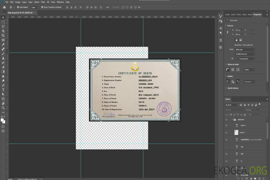 Modèle PSD de certificat de décès en Guinée template
